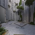 Modern Building Courtyard With Stone Walls Geometric Floor Vertical Gardens And Trees