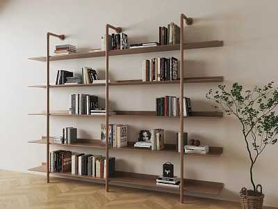 Modern Wooden Bookshelf With Multiple Shelves Filled With Books Decorative Items And Potted Plant 3d model