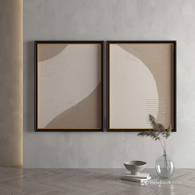 Two Abstract Decorative Paintings in Black Frames with Beige Brown Tones and Minimalist Interior Elements 3d model