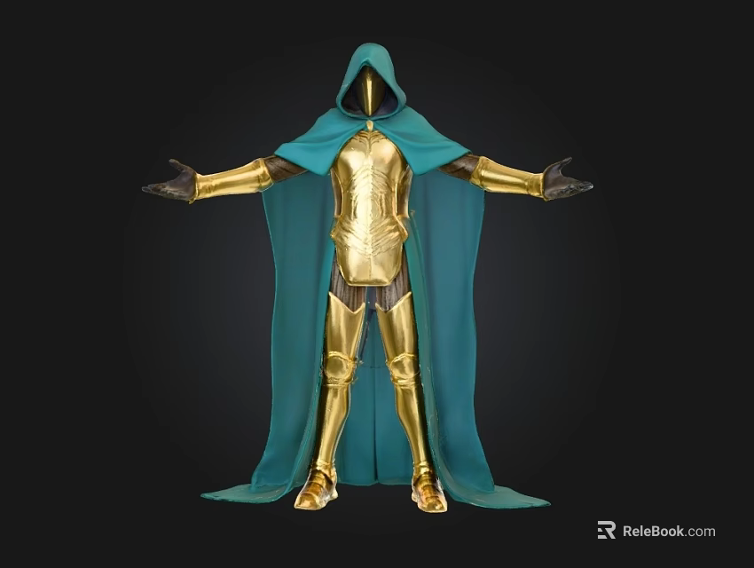Hooded Golden Armor Figure With Teal Cape Arms Outstretched 3d model 