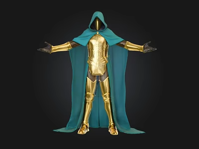 Hooded Golden Armor Figure With Teal Cape Arms Outstretched 3d model