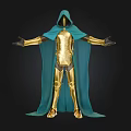 Hooded Golden Armor Figure With Teal Cape Arms Outstretched