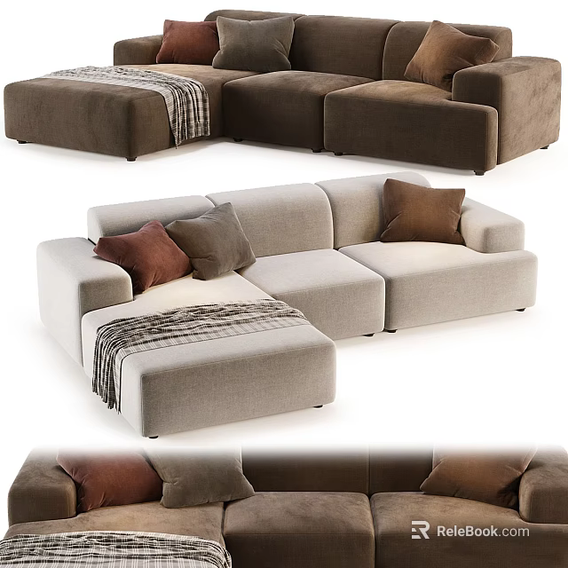 Modern Sectional Sofa with Decorative Pillows and Throw Blanket in Neutral Tones 3d model 