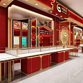 Luxurious Jewelry Store Interior With Red Gold Decor Display Cases And Counters