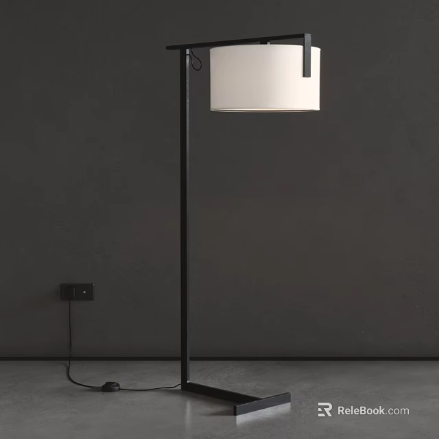 Modern Floor Lamp With Black Metal Stand And White Shade Against Dark Wall 3d model 