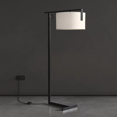 Modern Floor Lamp With Black Metal Stand And White Shade Against Dark Wall 3d model