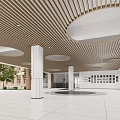 Front Desk Reception in Modern Lobby Featuring Wooden Slatted Ceiling Circular Cutouts And White Pillars