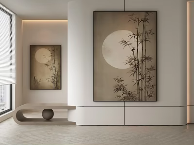 Modern Minimalist Interior Design With Moon Bamboo Decorative Paintings And Window Bench 3d model