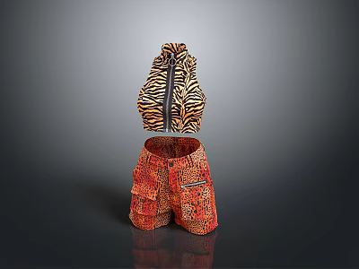 Sleeveless Zebra Pattern Vest And Red Cargo Shorts With Multiple Pockets For Daily Outfits 3d model