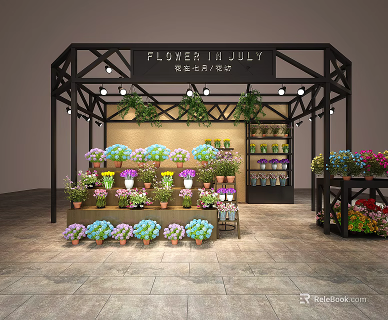 Flower In July Flower Stand Display With Various Colored Potted Plants And Lighting 3d model 