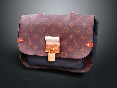 Stylish Leather Crossbody Bag With Classic Pattern Brown Exterior Red Accents And Metal Lock Closure 3d model