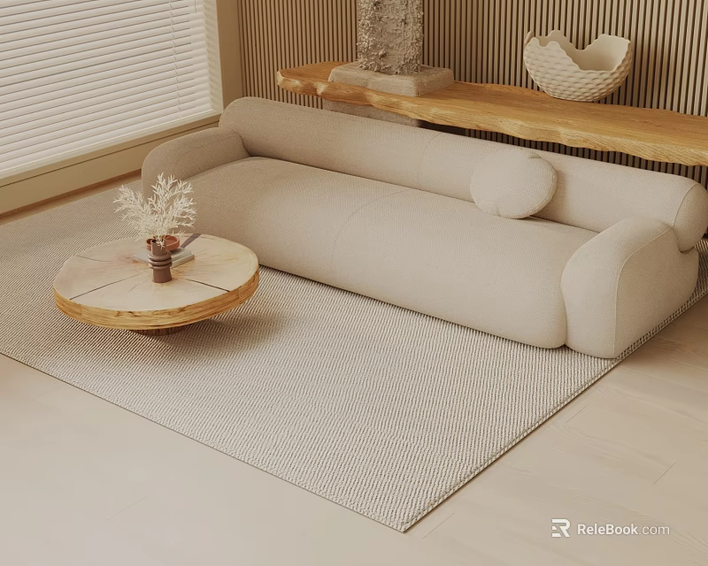 Plush Beige Three Seater Sofa with Round Wooden Coffee Table Small Vase and Light Rug 3d model 