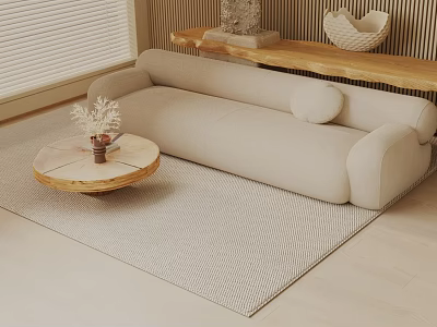Plush Beige Three Seater Sofa with Round Wooden Coffee Table Small Vase and Light Rug 3d model