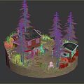 Cartoon Scene Featuring Red Houses With Black Roofs And Tall Green Pine Trees