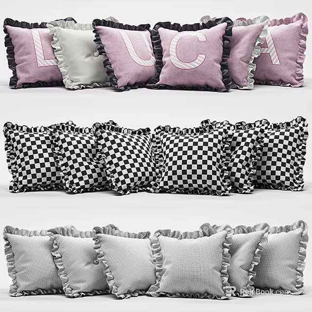 Decorative Throw Pillows With Ruffled Edges And Various Patterns In Pink Gray Black White 3d model 