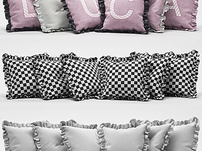 Decorative Throw Pillows With Ruffled Edges And Various Patterns In Pink Gray Black White 3d model