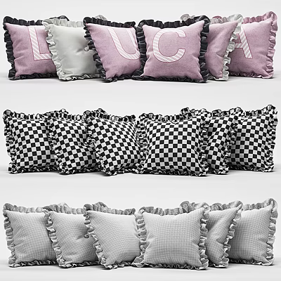 Decorative Throw Pillows With Ruffled Edges And Various Patterns In Pink Gray Black White 3d model