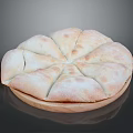 Freshly Baked Golden Brown Round Flatbread Sliced On Wooden Serving Plate