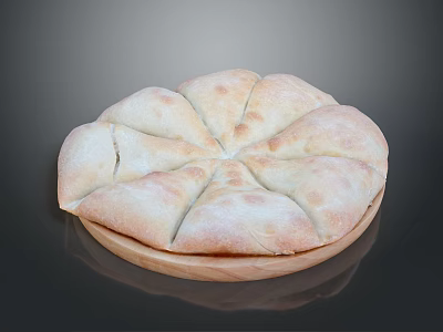 Freshly Baked Golden Brown Round Flatbread Sliced On Wooden Serving Plate 3d model Freshly Baked Golden Brown Round Flatbread Sliced On Wooden Serving Plate 3d model