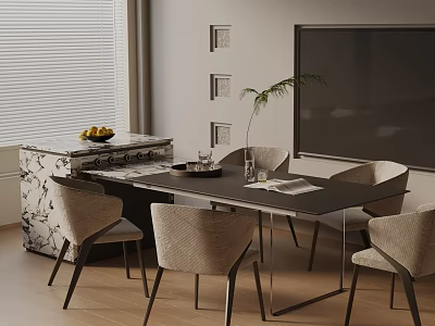 Modern Dining Table Set With Black Table Beige Chairs Marble Cabinet And Plant 3d model