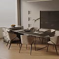 Modern Dining Table Set With Black Table Beige Chairs Marble Cabinet And Plant