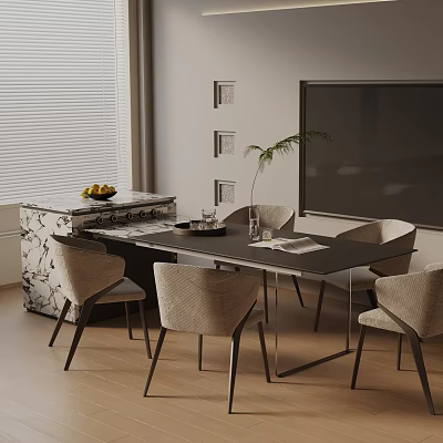 Modern Dining Table Set With Black Table Beige Chairs Marble Cabinet And Plant 3d model