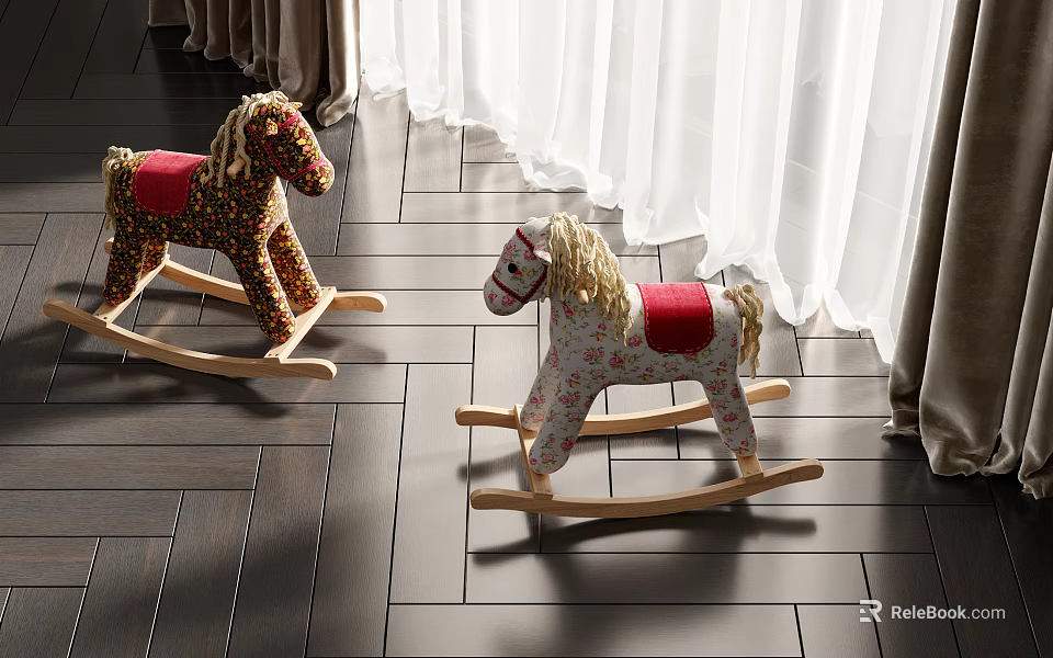 Two Colorful Building Blocks Rocking Horses With Red Saddle On Wooden Floor Background 3d model 