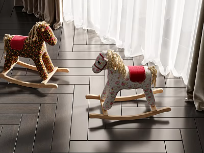 Two Colorful Building Blocks Rocking Horses With Red Saddle On Wooden Floor Background 3d model