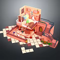 Playful Cartoon Scene Pink Multi Level Building With Detailed Room Interior Staircase And Balcony
