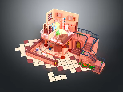 Playful Cartoon Scene Pink Multi Level Building With Detailed Room Interior Staircase And Balcony 3d model