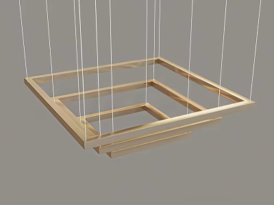 Modern Wooden Square Layered Chandelier With Hanging White Cords And Minimalist Design 3d model