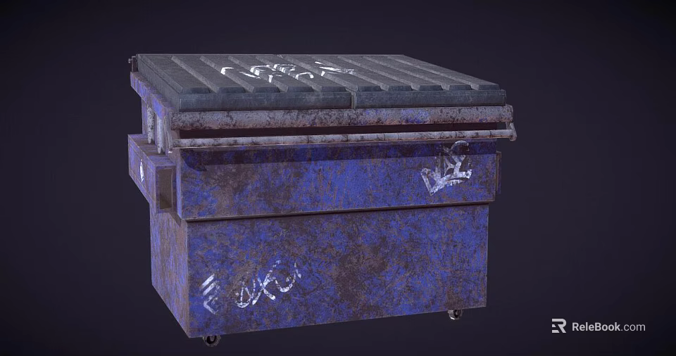 Blue Rusty Public Facility Trash Bin With Graffiti And Metal Lid 3d model 