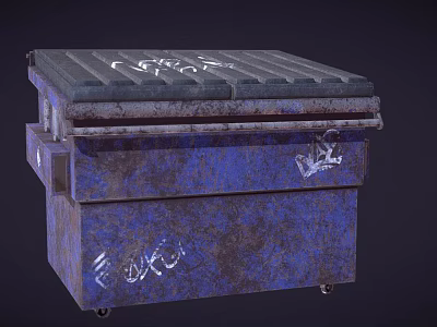 Blue Rusty Public Facility Trash Bin With Graffiti And Metal Lid 3d model