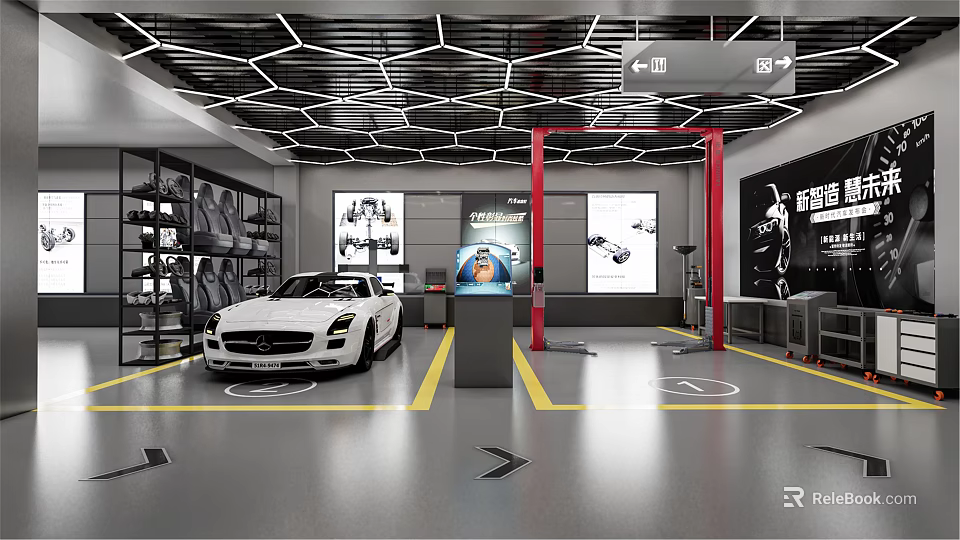Auto 4S Shop Repair Workshop With White Mercedes-Benz Car Repair Equipment Tool Racks And Posters 3d model 