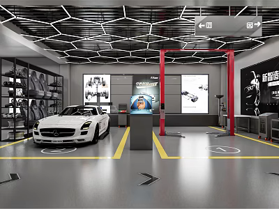 Auto 4S Shop Repair Workshop With White Mercedes-Benz Car Repair Equipment Tool Racks And Posters 3d model
