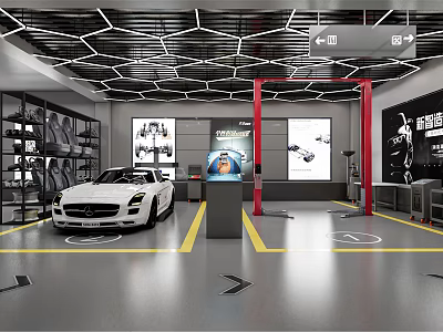 Auto 4S Shop Repair Workshop With White Mercedes-Benz Car Repair Equipment Tool Racks And Posters 3d model