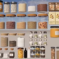 Various Spice Jars With Wooden Lids For Storing Grains Seeds And Condiments In Kitchen