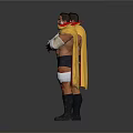 Muscular Men In Red Capes Black Shorts And Yellow Decorated Helmets With Arm Bandage