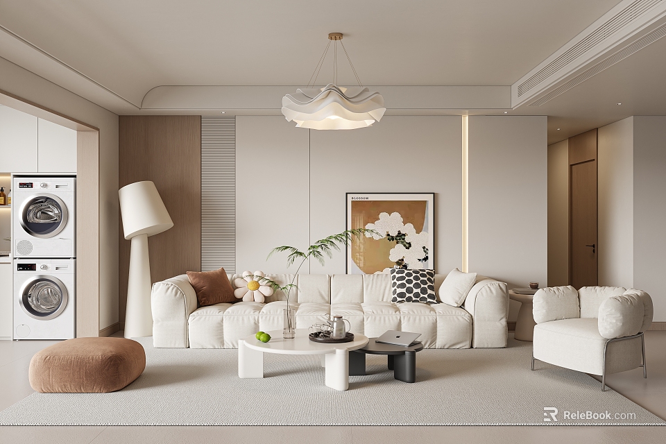 Modern Living Room Interior Design With White Sofa Coffee Table Chandelier And Artwork 3d model 