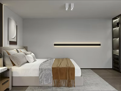 Modern Apartment Bedroom Interior With Cozy Bed Pillows Blanket Wall LED Light Strip And Wardrobe 3d model