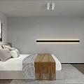 Modern Apartment Bedroom Interior With Cozy Bed Pillows Blanket Wall LED Light Strip And Wardrobe