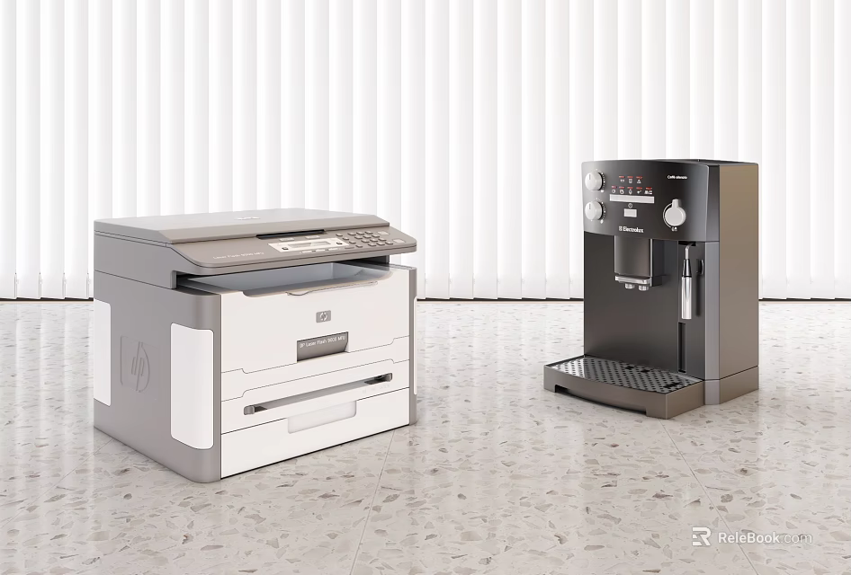 Modern Office Appliances Featuring Multifunctional Printer And Black Coffee Machine In Bright Office Space 3d model