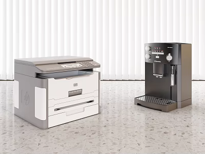 Modern Office Appliances Featuring Multifunctional Printer And Black Coffee Machine In Bright Office Space 3d model