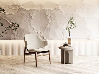 Modern Accent Chair with Wooden Legs Side Table and Green Plant by Textured Wall 3d model