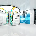 Modern Tech Display Area With Circular Glowing Structure Blue Yellow Lights Train Model And Console