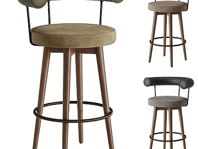 Modern Bar Stool With Wooden Legs Round Upholstered Seat And Metal Armrests 3d model