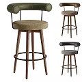 Modern Bar Stool With Wooden Legs Round Upholstered Seat And Metal Armrests