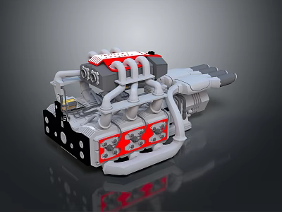 High Performance Engine With Red Cylinders Silver Pipes And Mechanical Components 3d model