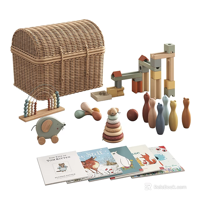 Wicker Basket With Wooden Abacus Elephant Stacking Rings Bowling Pins And Storybooks 3d model 