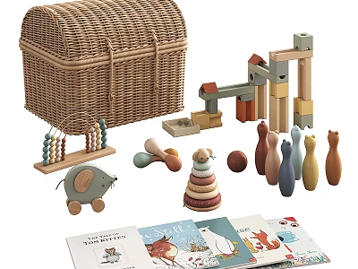 Wicker Basket With Wooden Abacus Elephant Stacking Rings Bowling Pins And Storybooks 3d model